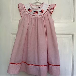 EUC Lil Cactus Red Seersucker Flag Smocked Bishop Dress - 3T